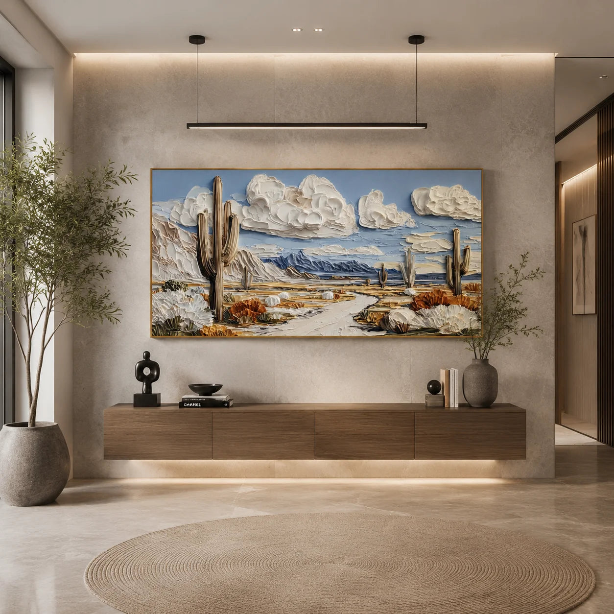 Ownanart Original Hand-Painted Southwestern Desert Cactus Landscape Oil Painting, Large Horizontal Textured Impasto Canvas Wall Art for Living Room and Bedroom Decor # OA 1230