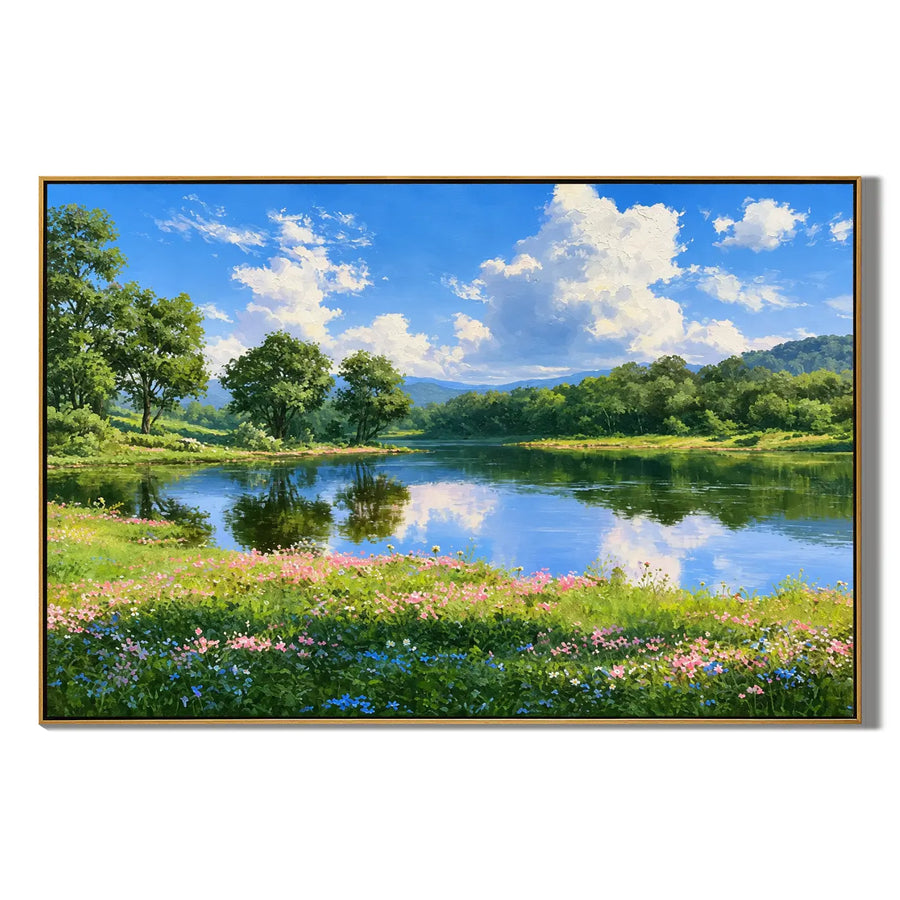 Ownanart Original Hand-Painted Summer Lake Landscape Oil Painting – Blue Sky, White Clouds, Green Forest Reflections & Wildflower Meadow Wall Art # OA 1394