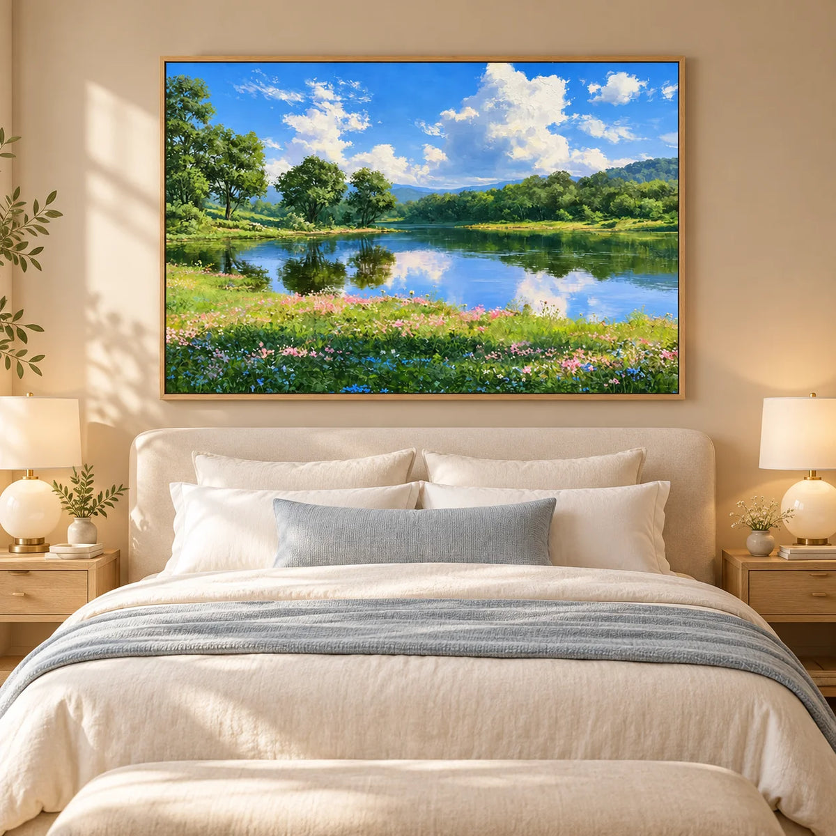 Ownanart Original Hand-Painted Summer Lake Landscape Oil Painting – Blue Sky, White Clouds, Green Forest Reflections & Wildflower Meadow Wall Art