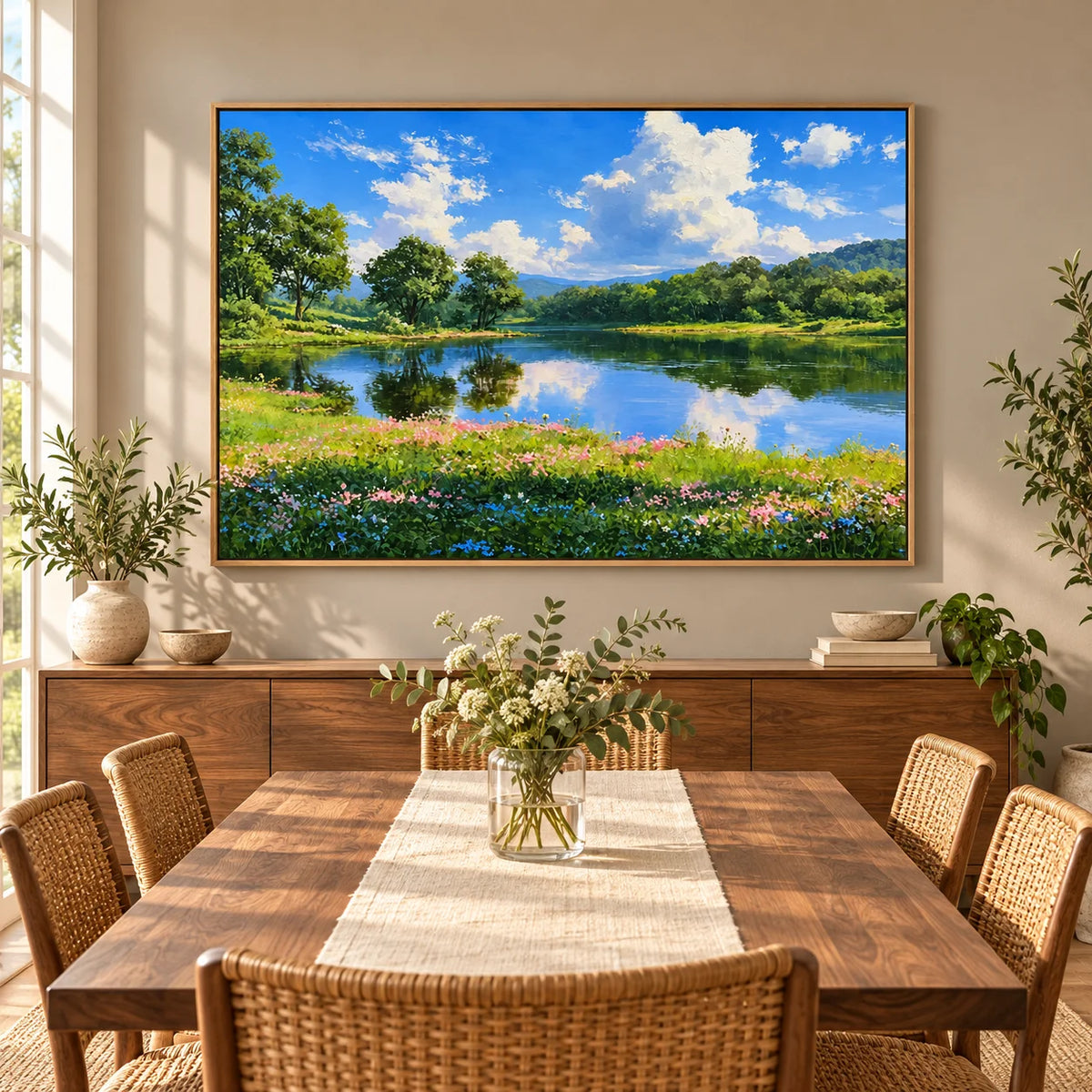 Ownanart Original Hand-Painted Summer Lake Landscape Oil Painting – Blue Sky, White Clouds, Green Forest Reflections & Wildflower Meadow Wall Art