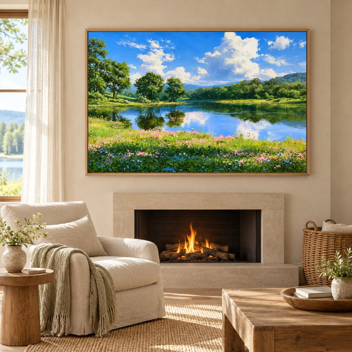 Ownanart Original Hand-Painted Summer Lake Landscape Oil Painting – Blue Sky, White Clouds, Green Forest Reflections & Wildflower Meadow Wall Art