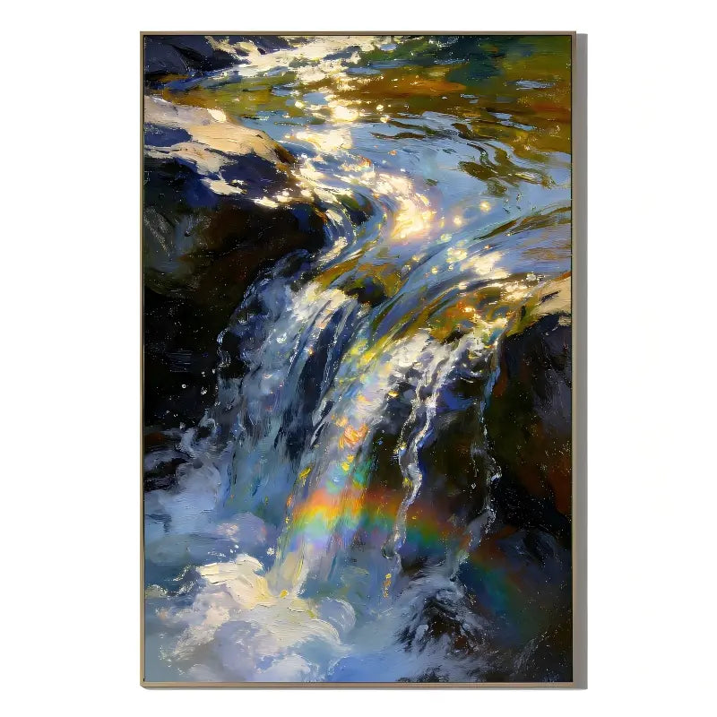 Ownanart Original Hand-Painted Sunlit Waterfall & Stream Oil Painting, Shimmering Water and Rocky Nature Landscape Wall Art for Living Room Decor # OA 1369