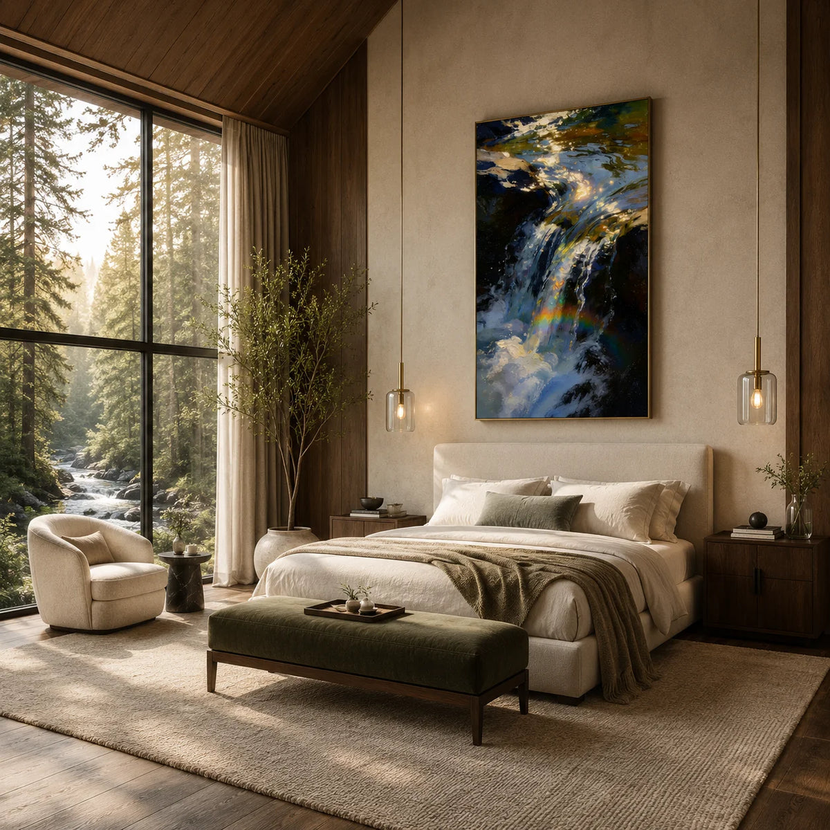 Ownanart Original Hand-Painted Sunlit Waterfall & Stream Oil Painting, Shimmering Water and Rocky Nature Landscape Wall Art for Living Room Decor # OA 1369