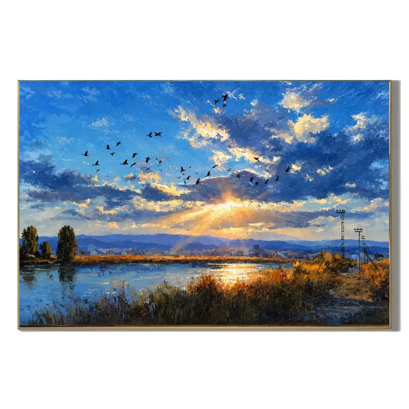 Ownanart Original Hand-Painted Sunset Lake Landscape Oil Painting, Golden Sunlight, Flying Birds and Mountain Reflections Canvas Wall Art for Living Room and Bedroom Decor # OA 1380