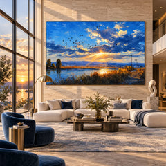Sunset Lake Landscape Oil Painting – Golden Sunlight, Flying Birds and Mountain Reflections Canvas Wall Art #OA 1380