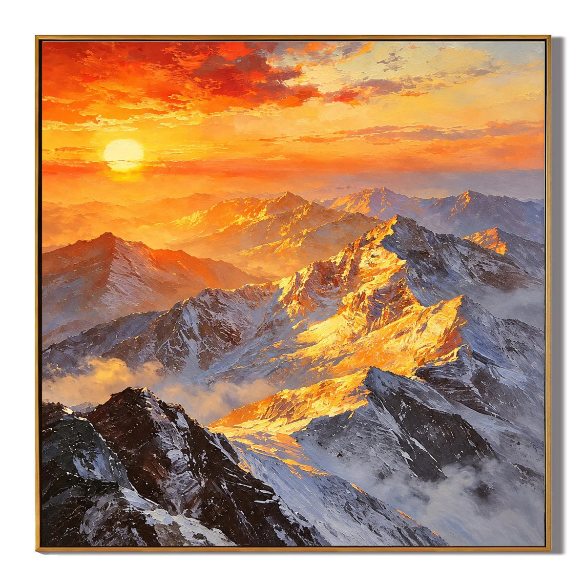 Ownanart Original Hand-Painted Sunset Mountain Landscape Oil Painting | Golden Sunlit Snow Mountain Nature Artwork | Dramatic Alpine Wall Art for Living Room & Bedroom Decor