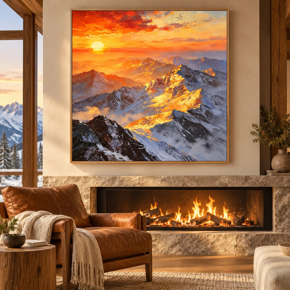 Ownanart Original Hand-Painted Sunset Mountain Landscape Oil Painting | Golden Sunlit Snow Mountain Nature Artwork | Dramatic Alpine Wall Art for Living Room & Bedroom Decor