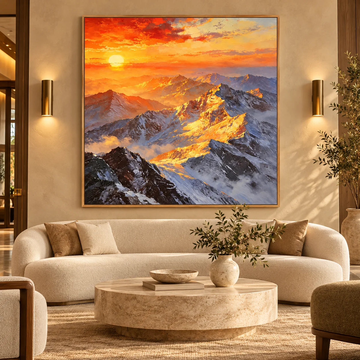 Ownanart Original Hand-Painted Sunset Mountain Landscape Oil Painting | Golden Sunlit Snow Mountain Nature Artwork | Dramatic Alpine Wall Art for Living Room & Bedroom Decor
