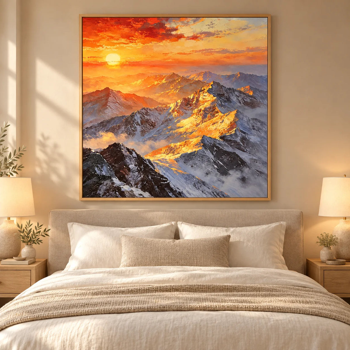 Ownanart Original Hand-Painted Sunset Mountain Landscape Oil Painting | Golden Sunlit Snow Mountain Nature Artwork | Dramatic Alpine Wall Art for Living Room & Bedroom Decor