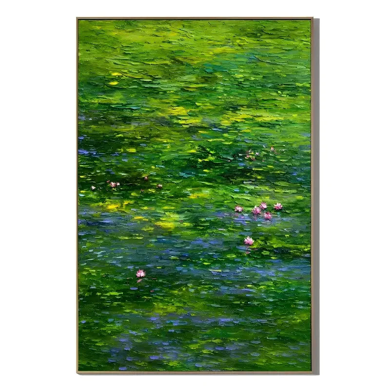 Ownanart Original Hand-Painted Water Lily Pond Oil Painting, Lush Green Reflections and Pink Lotus Flowers Impressionist Canvas Wall Art for Living Room, Bedroom and Luxury Home Decor # OA 1365