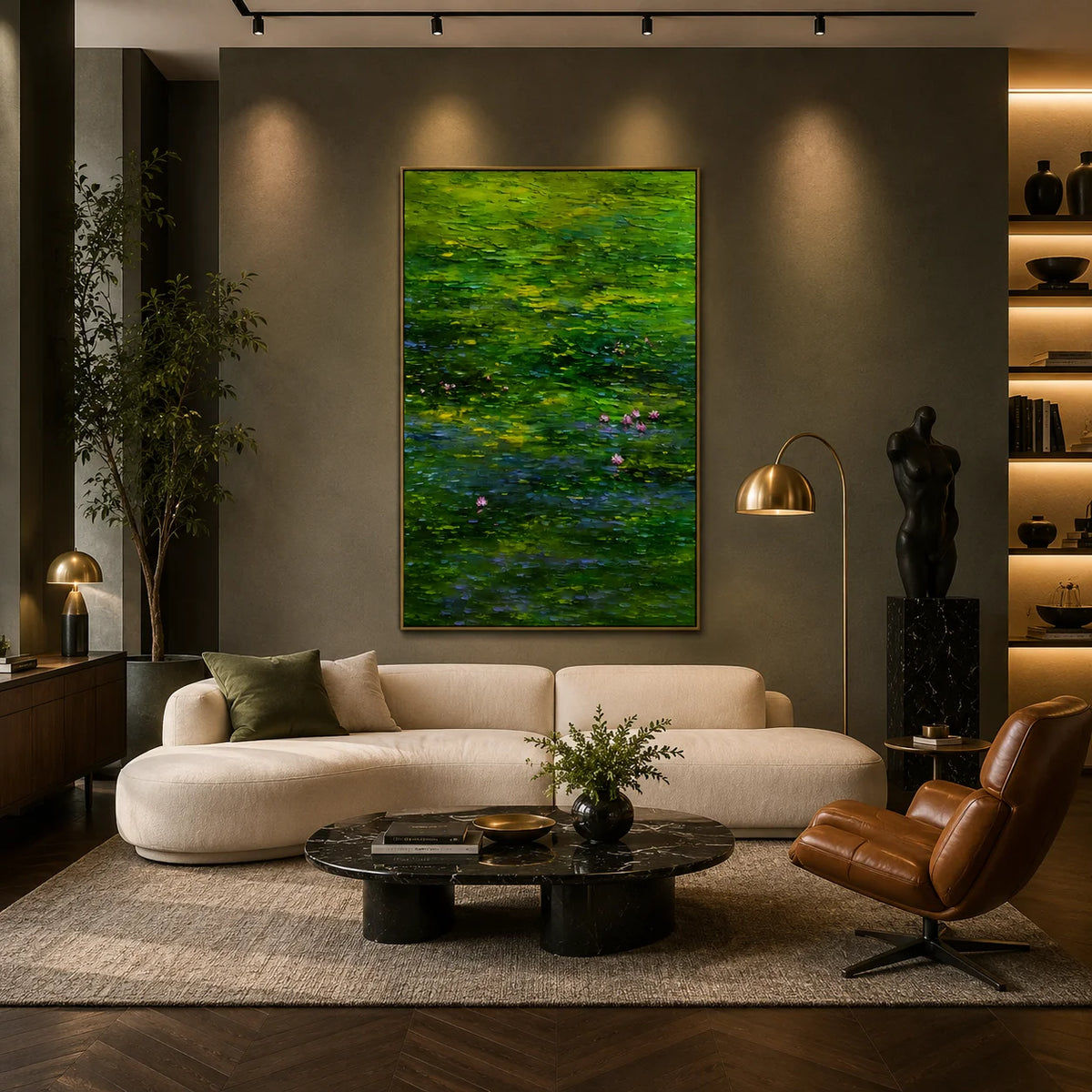 Ownanart Original Hand-Painted Water Lily Pond Oil Painting, Lush Green Reflections and Pink Lotus Flowers Impressionist Canvas Wall Art for Living Room, Bedroom and Luxury Home Decor # OA 1365