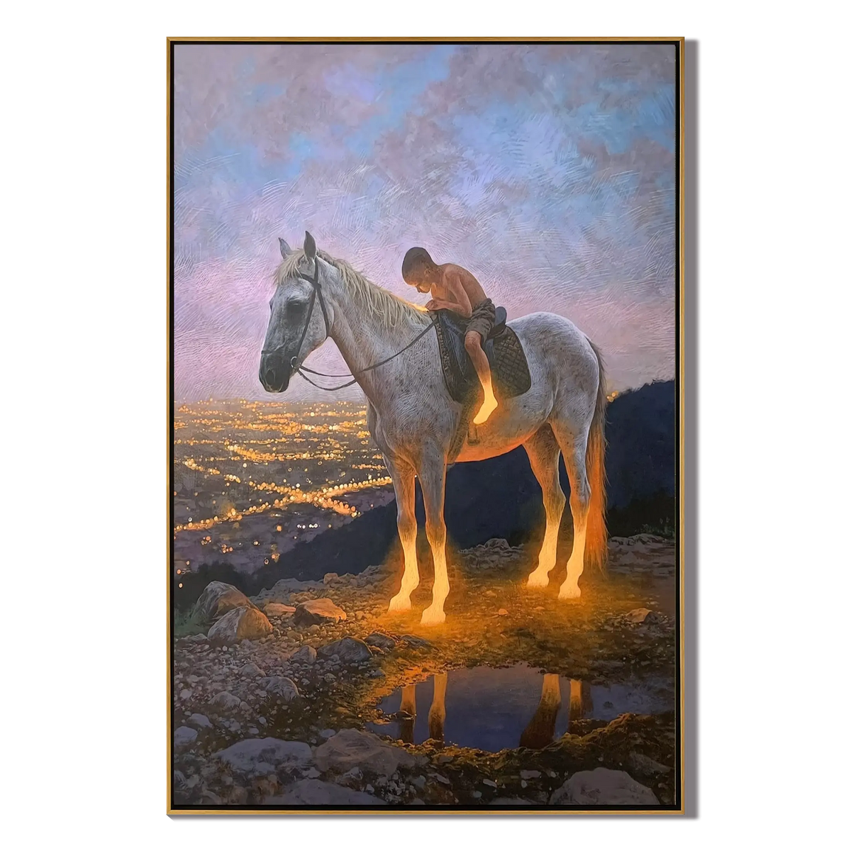 Ownanart Original Hand-Painted Western Boy Riding White Horse Landscape Oil Painting | Sunset Valley Equestrian Artwork | Rustic Nature Wall Art for Living Room & Bedroom