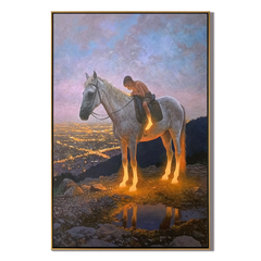 Ownanart Original Hand-Painted Western Boy Riding White Horse Landscape Oil Painting | Sunset Valley Equestrian Artwork | Rustic Nature Wall Art for Living Room & Bedroom # OA 1391