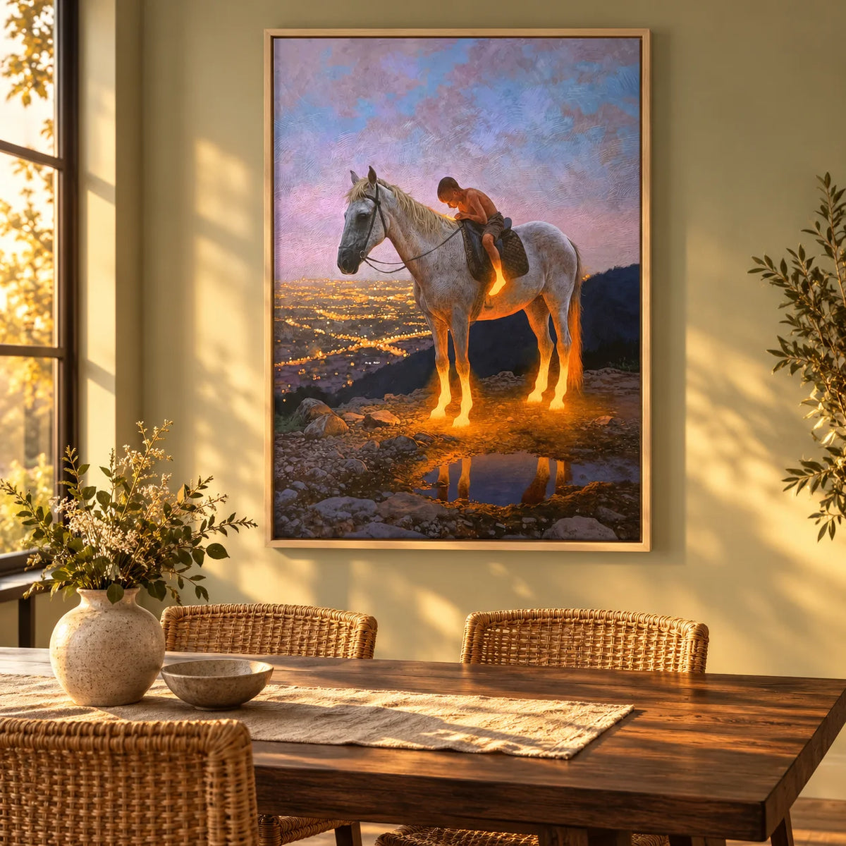 Ownanart Original Hand-Painted Western Boy Riding White Horse Landscape Oil Painting | Sunset Valley Equestrian Artwork | Rustic Nature Wall Art for Living Room & Bedroom