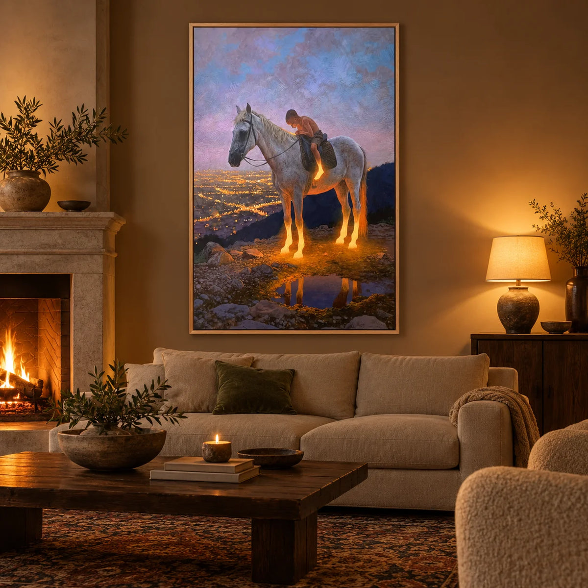 Ownanart Original Hand-Painted Western Boy Riding White Horse Landscape Oil Painting | Sunset Valley Equestrian Artwork | Rustic Nature Wall Art for Living Room & Bedroom