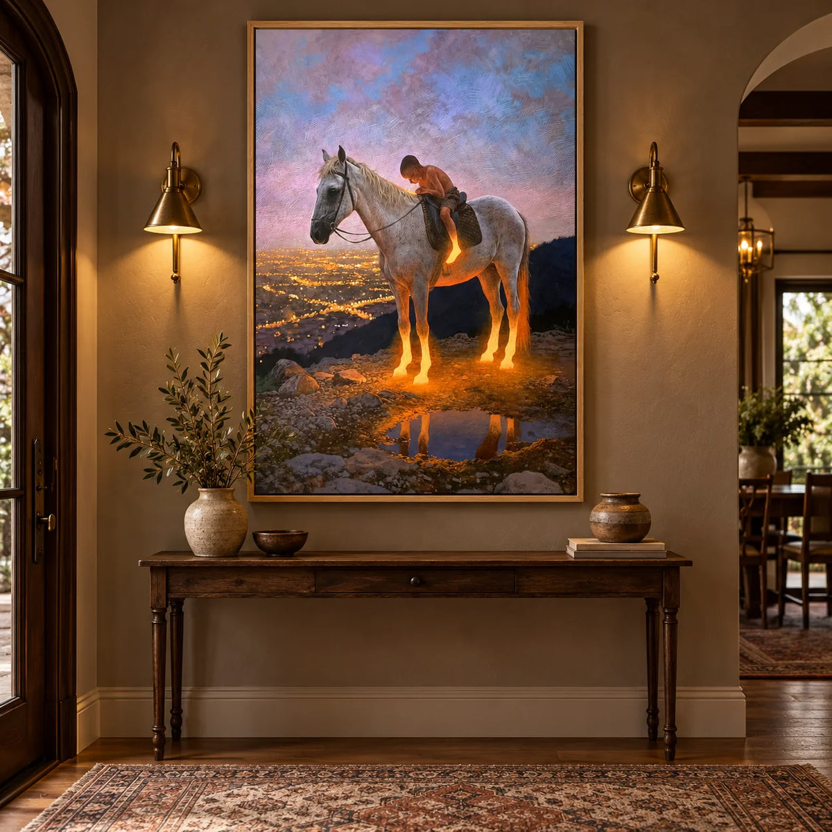 Ownanart Original Hand-Painted Western Boy Riding White Horse Landscape Oil Painting | Sunset Valley Equestrian Artwork | Rustic Nature Wall Art for Living Room & Bedroom