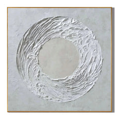 Ownanart Original Hand-Painted White Circular Textured Abstract Oil Painting, Modern Minimalist Swirl Wave Impasto Wall Art for Living Room, Bedroom and Entryway Decor  # OA 1280