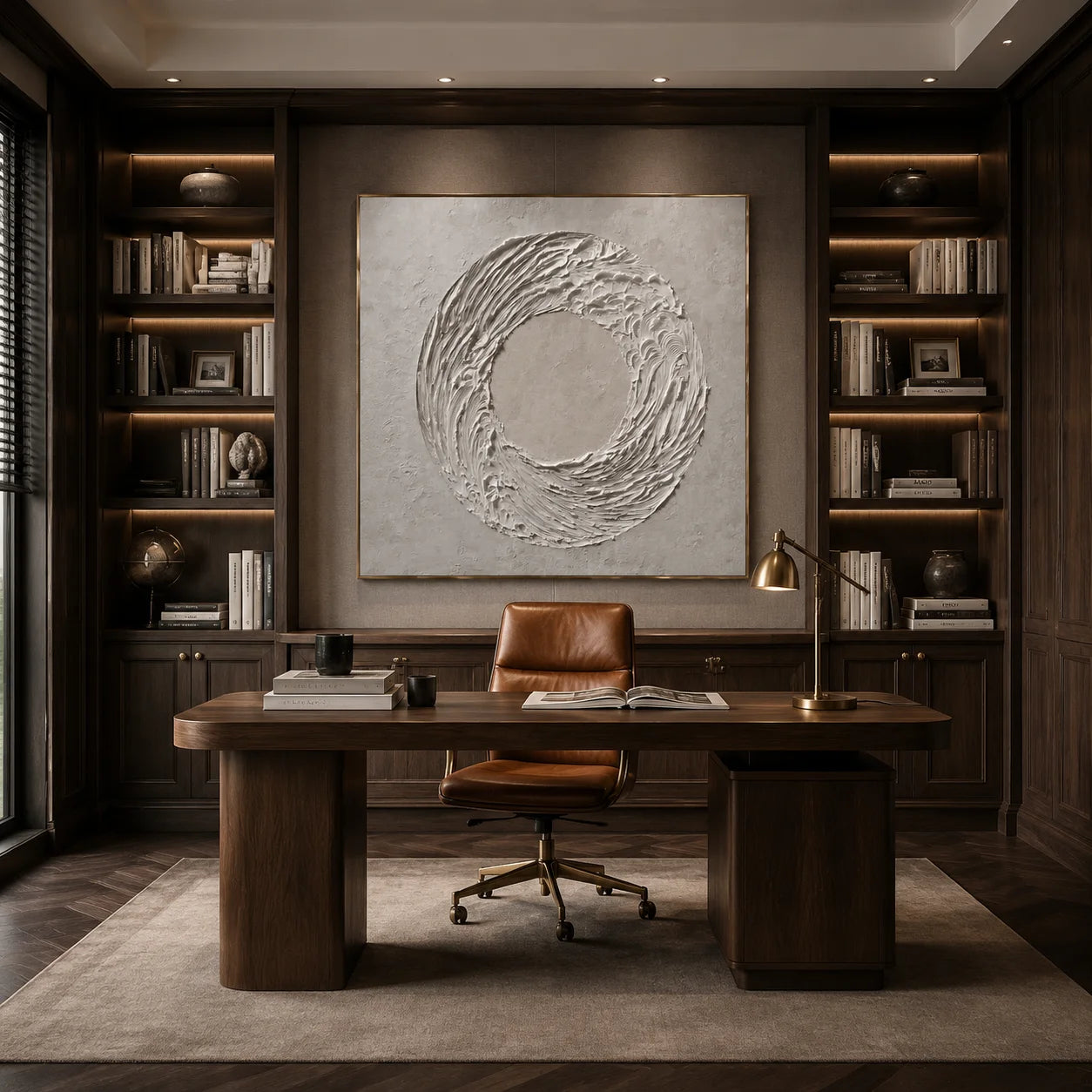 Ownanart Original Hand-Painted White Circular Textured Abstract Oil Painting, Modern Minimalist Swirl Wave Impasto Wall Art for Living Room, Bedroom and Entryway Decor  # OA 1280