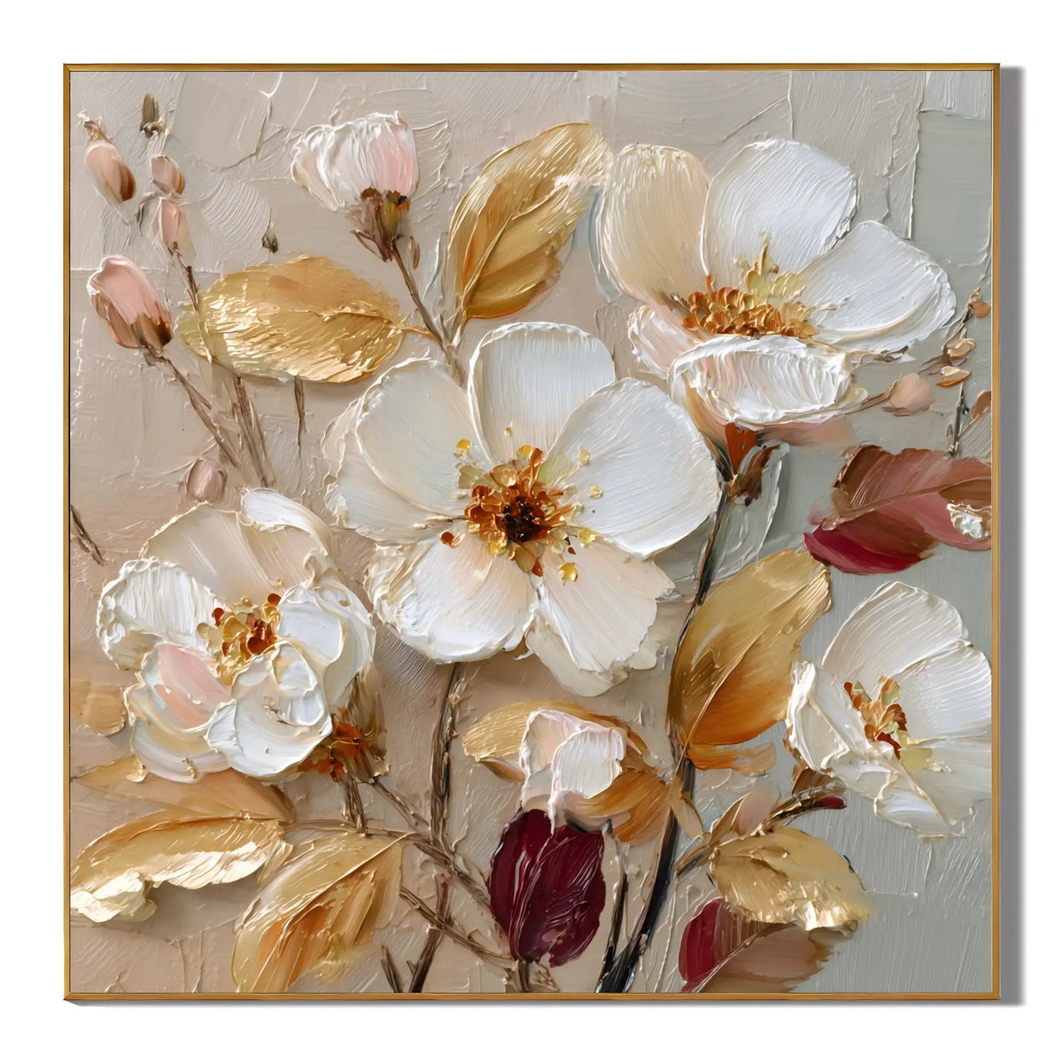 Ownanart Original Hand-Painted White Floral Impasto Oil Painting, Gold Leaves and Burgundy Buds Textured Wall Art for Modern Living Room, Bedroom and Entryway Decor # OA 1275