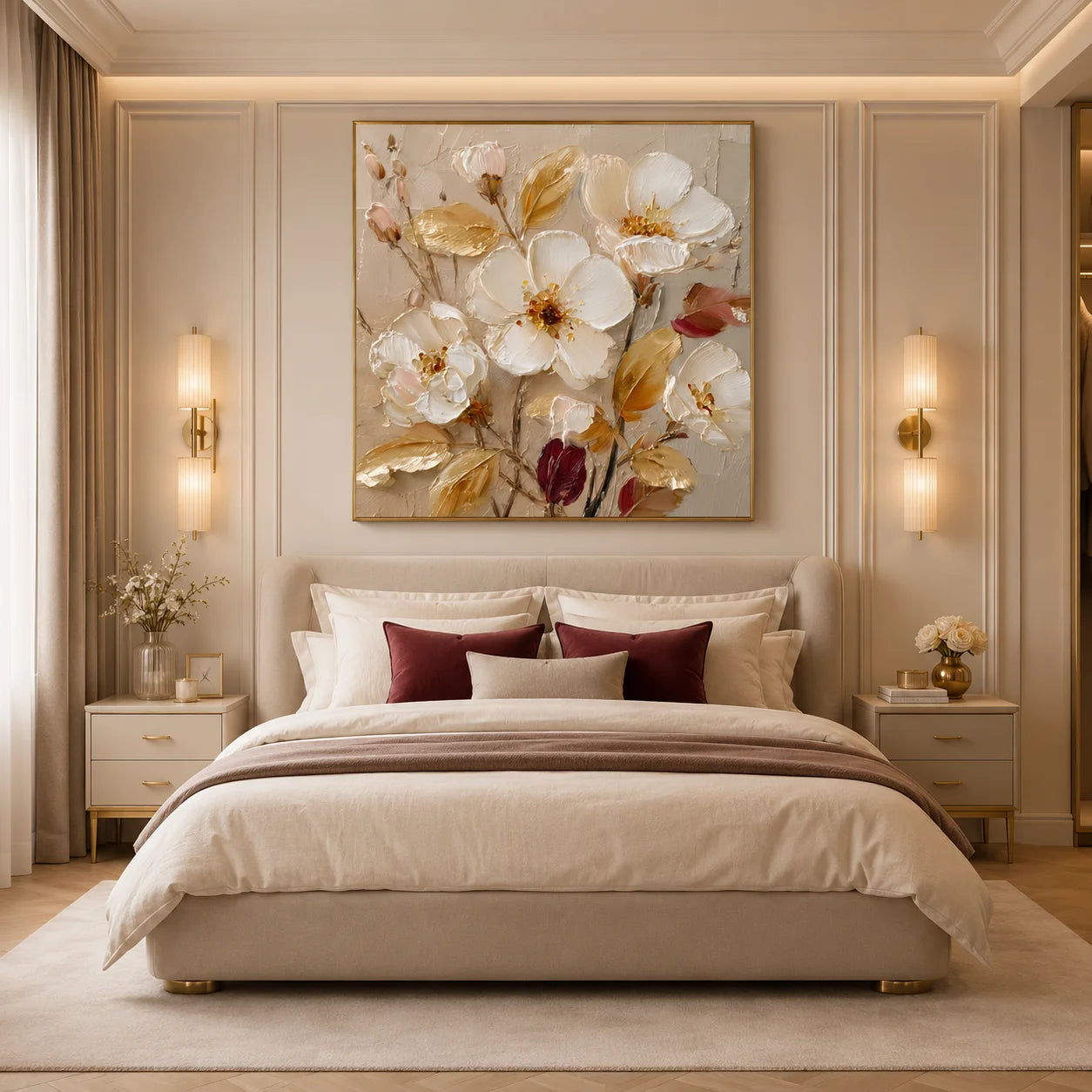 Ownanart Original Hand-Painted White Floral Impasto Oil Painting, Gold Leaves and Burgundy Buds Textured Wall Art for Modern Living Room, Bedroom and Entryway Decor # OA 1275