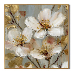 Ownanart Original Hand-Painted White Floral Impasto Oil Painting with Gold Leaves, Modern Luxury Textured Botanical Wall Art for Living Room and Bedroom Decor # OA 1258