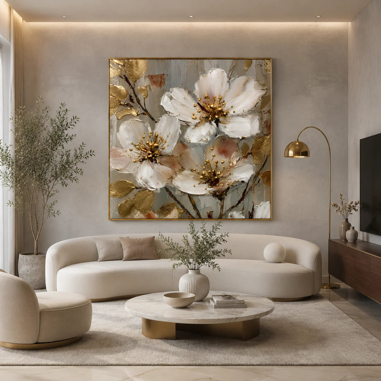 Ownanart Original Hand-Painted White Floral Impasto Oil Painting with Gold Leaves, Modern Luxury Textured Botanical Wall Art for Living Room and Bedroom Decor # OA 1258