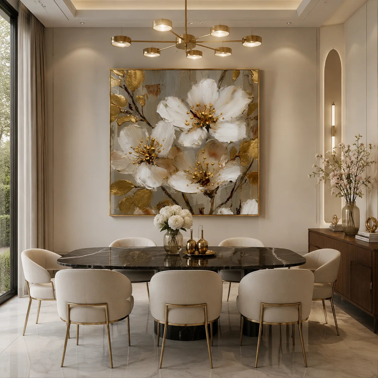 Ownanart Original Hand-Painted White Floral Impasto Oil Painting with Gold Leaves, Modern Luxury Textured Botanical Wall Art for Living Room and Bedroom Decor # OA 1258