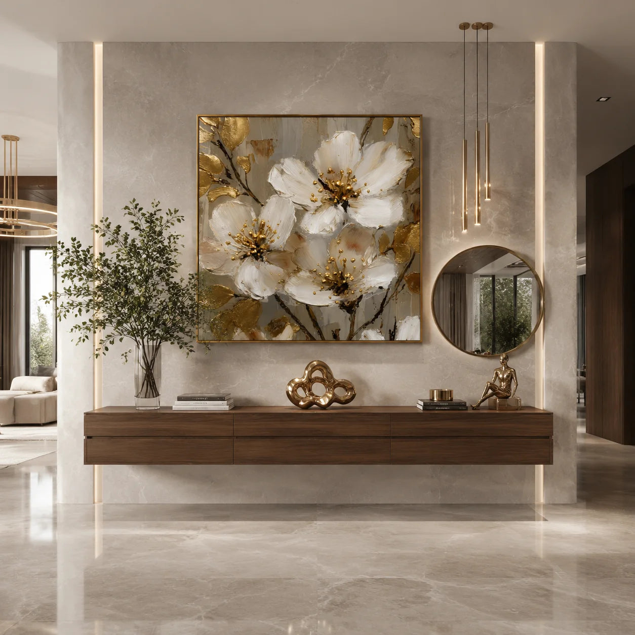 Ownanart Original Hand-Painted White Floral Impasto Oil Painting with Gold Leaves, Modern Luxury Textured Botanical Wall Art for Living Room and Bedroom Decor # OA 1258