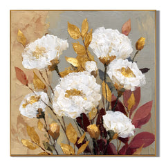 Ownanart Original Hand-Painted White Peony Floral Impasto Oil Painting, Gold and Burgundy Leaf Textured Wall Art for Living Room, Bedroom and Entryway Decor # OA 1274