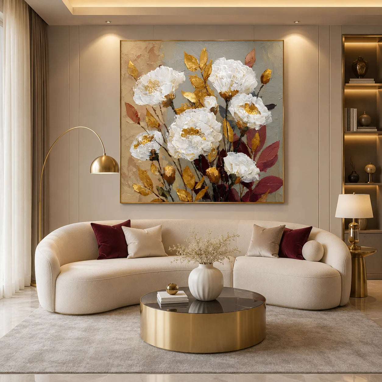 Ownanart Original Hand-Painted White Peony Floral Impasto Oil Painting, Gold and Burgundy Leaf Textured Wall Art for Living Room, Bedroom and Entryway Decor # OA 1274