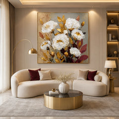 White Peony Floral Impasto Oil Painting – Gold and Burgundy Leaf Textured Wall Art #OA 1274