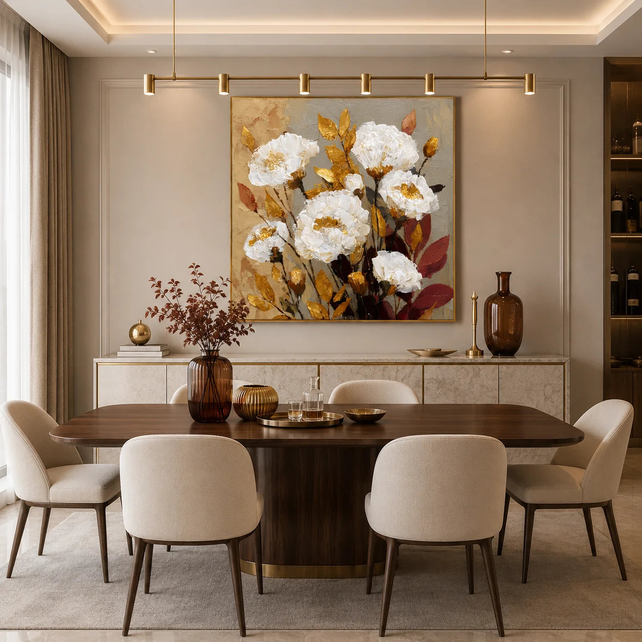 Ownanart Original Hand-Painted White Peony Floral Impasto Oil Painting, Gold and Burgundy Leaf Textured Wall Art for Living Room, Bedroom and Entryway Decor # OA 1274