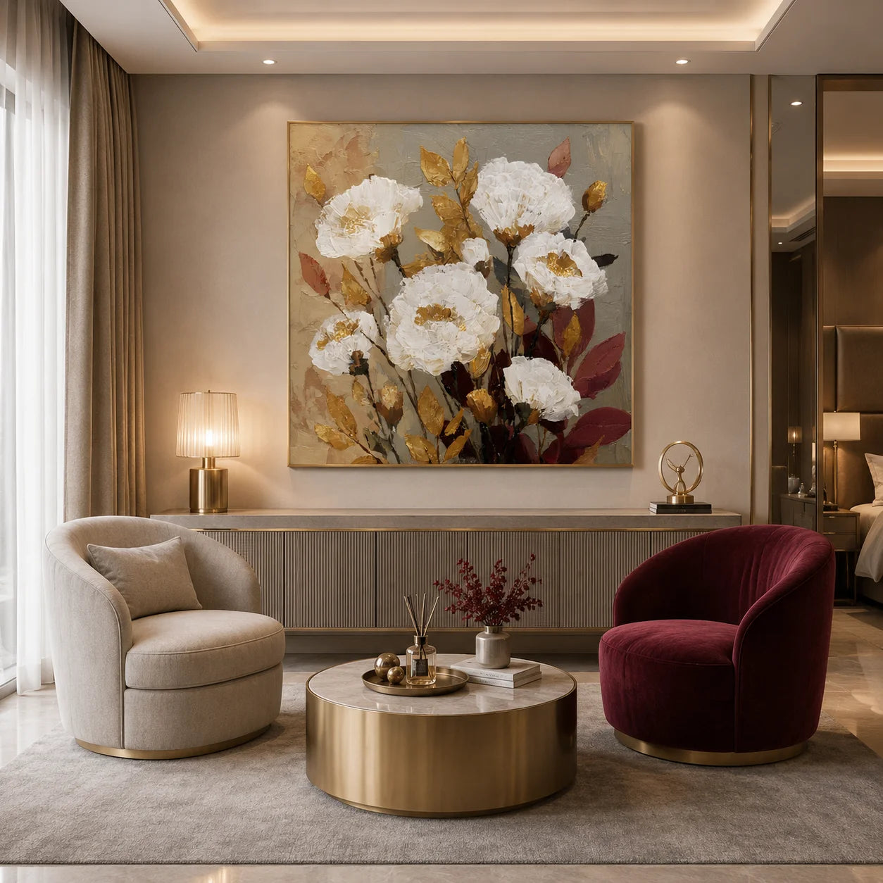 Ownanart Original Hand-Painted White Peony Floral Impasto Oil Painting, Gold and Burgundy Leaf Textured Wall Art for Living Room, Bedroom and Entryway Decor # OA 1274