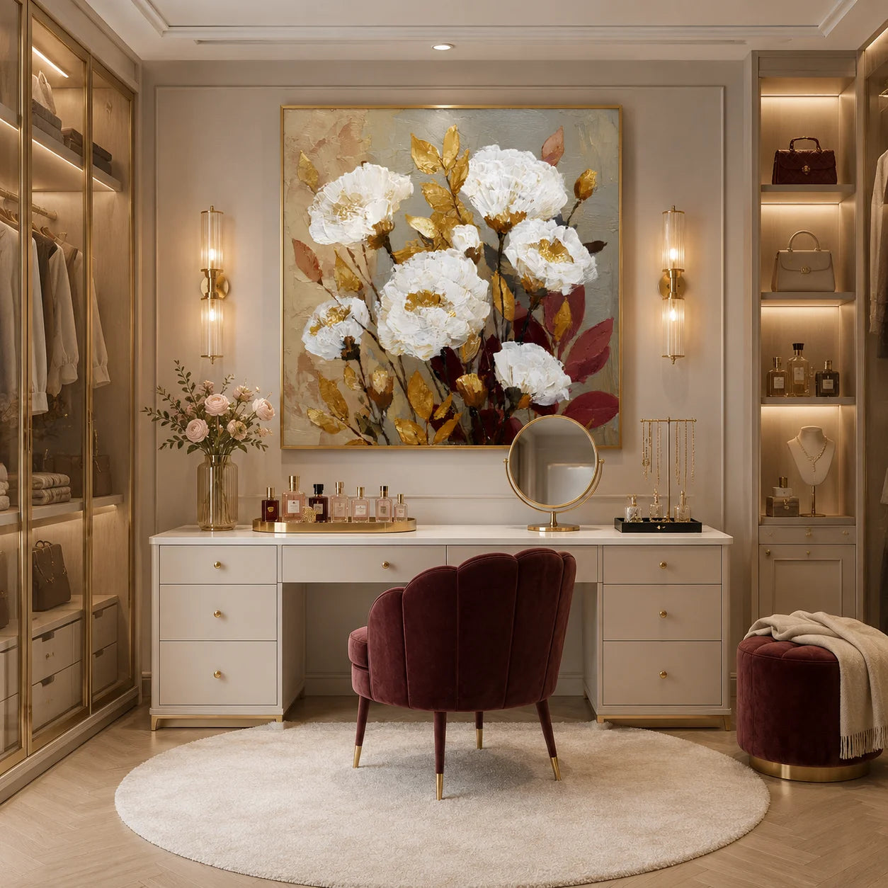 Ownanart Original Hand-Painted White Peony Floral Impasto Oil Painting, Gold and Burgundy Leaf Textured Wall Art for Living Room, Bedroom and Entryway Decor # OA 1274