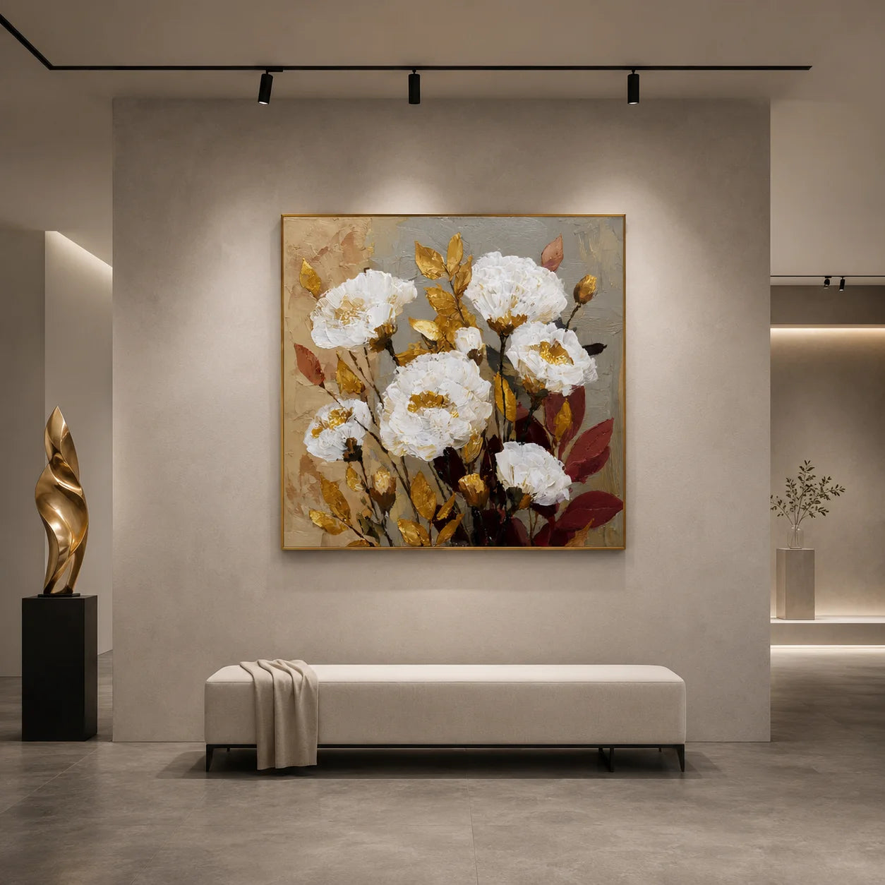 Ownanart Original Hand-Painted White Peony Floral Impasto Oil Painting, Gold and Burgundy Leaf Textured Wall Art for Living Room, Bedroom and Entryway Decor # OA 1274