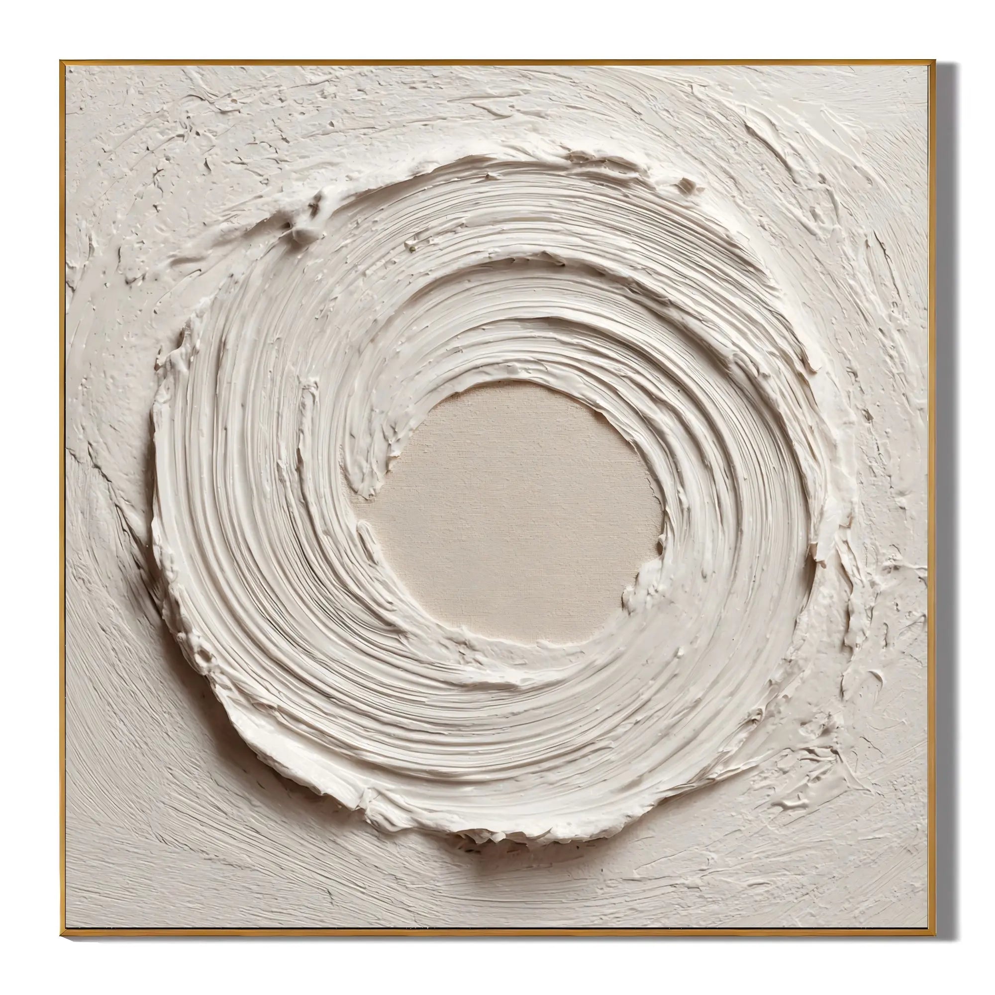 Ownanart Original Hand-Painted White Textured Abstract Oil Painting, Modern Minimalist Circular Swirl Impasto Wall Art with Cream Neutral Relief Texture  # OA 1269