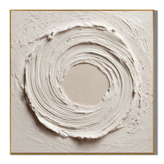 Ownanart Original Hand-Painted White Textured Abstract Oil Painting, Modern Minimalist Circular Swirl Impasto Wall Art with Cream Neutral Relief Texture  # OA 1269