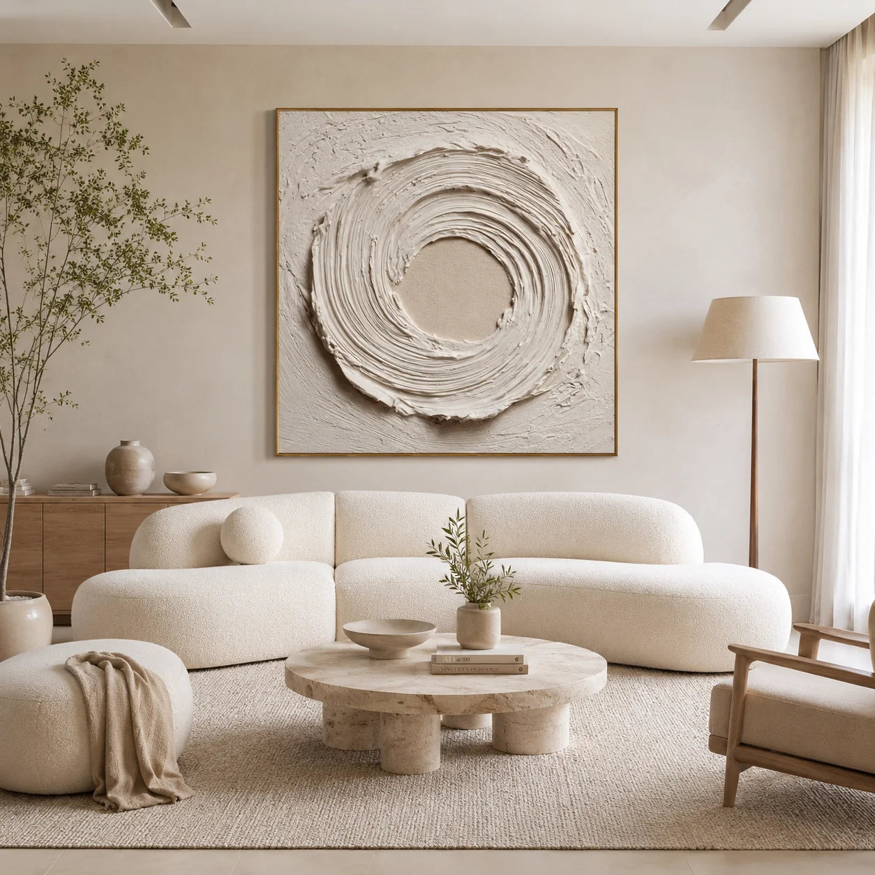 Ownanart Original Hand-Painted White Textured Abstract Oil Painting, Modern Minimalist Circular Swirl Impasto Wall Art with Cream Neutral Relief Texture  # OA 1269