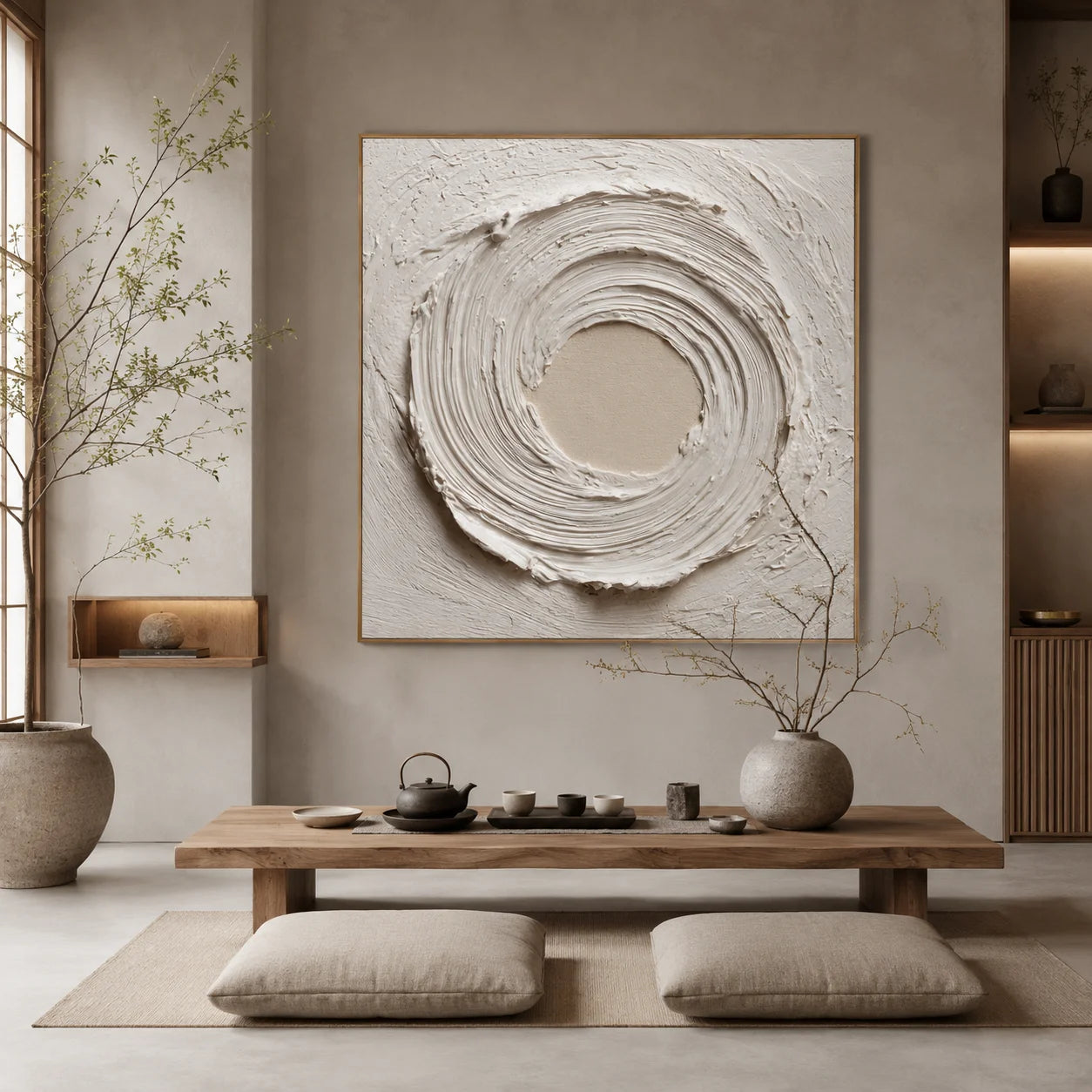 Ownanart Original Hand-Painted White Textured Abstract Oil Painting, Modern Minimalist Circular Swirl Impasto Wall Art with Cream Neutral Relief Texture  # OA 1269