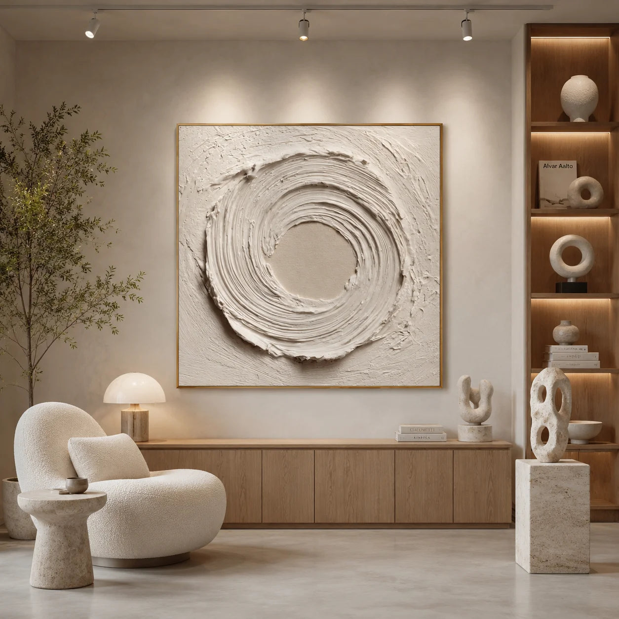 Ownanart Original Hand-Painted White Textured Abstract Oil Painting, Modern Minimalist Circular Swirl Impasto Wall Art with Cream Neutral Relief Texture  # OA 1269