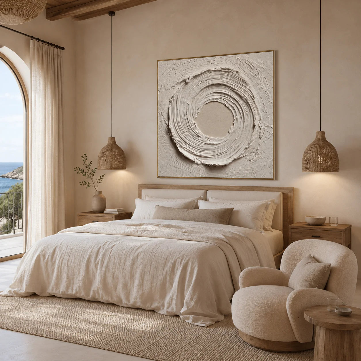 Ownanart Original Hand-Painted White Textured Abstract Oil Painting, Modern Minimalist Circular Swirl Impasto Wall Art with Cream Neutral Relief Texture  # OA 1269