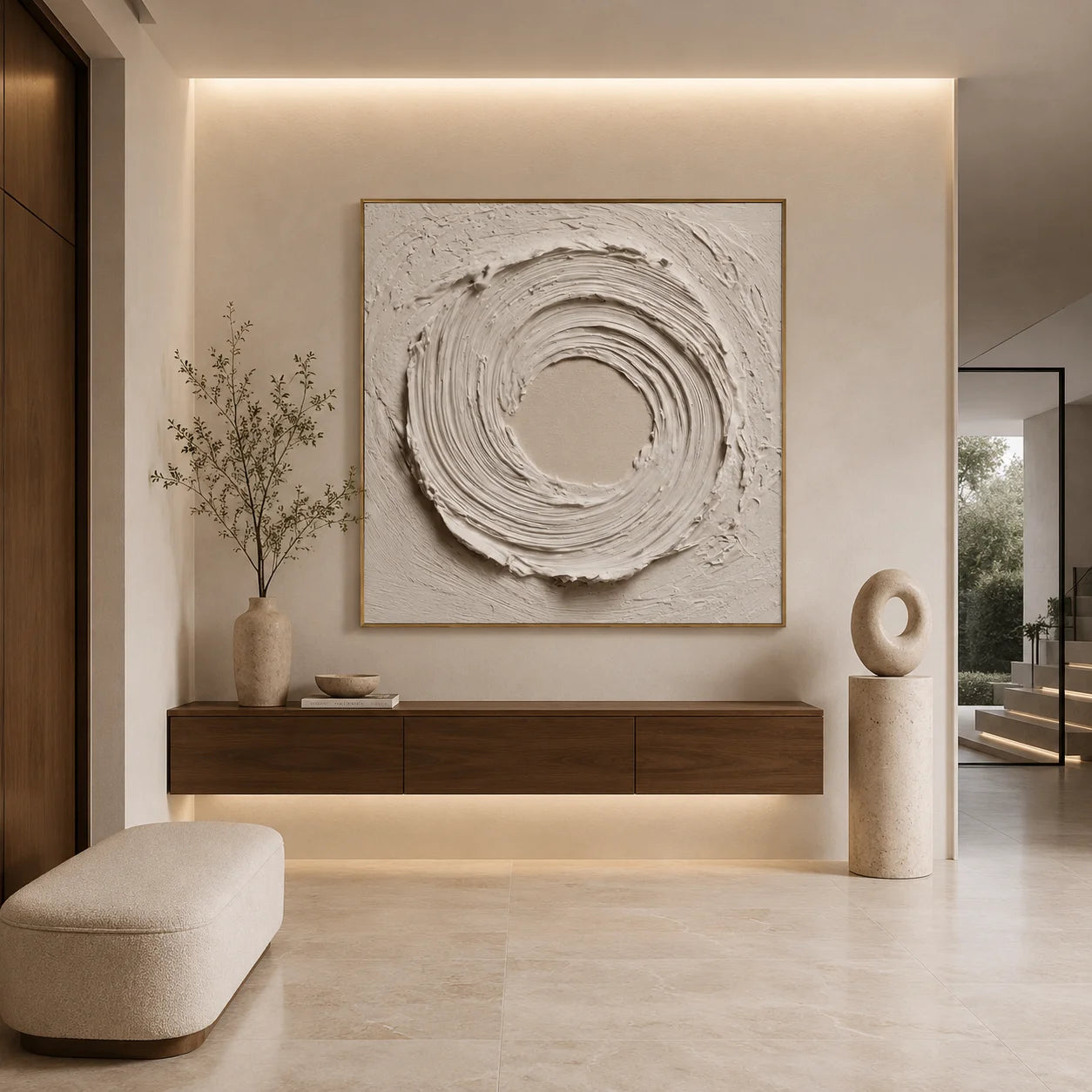 Ownanart Original Hand-Painted White Textured Abstract Oil Painting, Modern Minimalist Circular Swirl Impasto Wall Art with Cream Neutral Relief Texture  # OA 1269