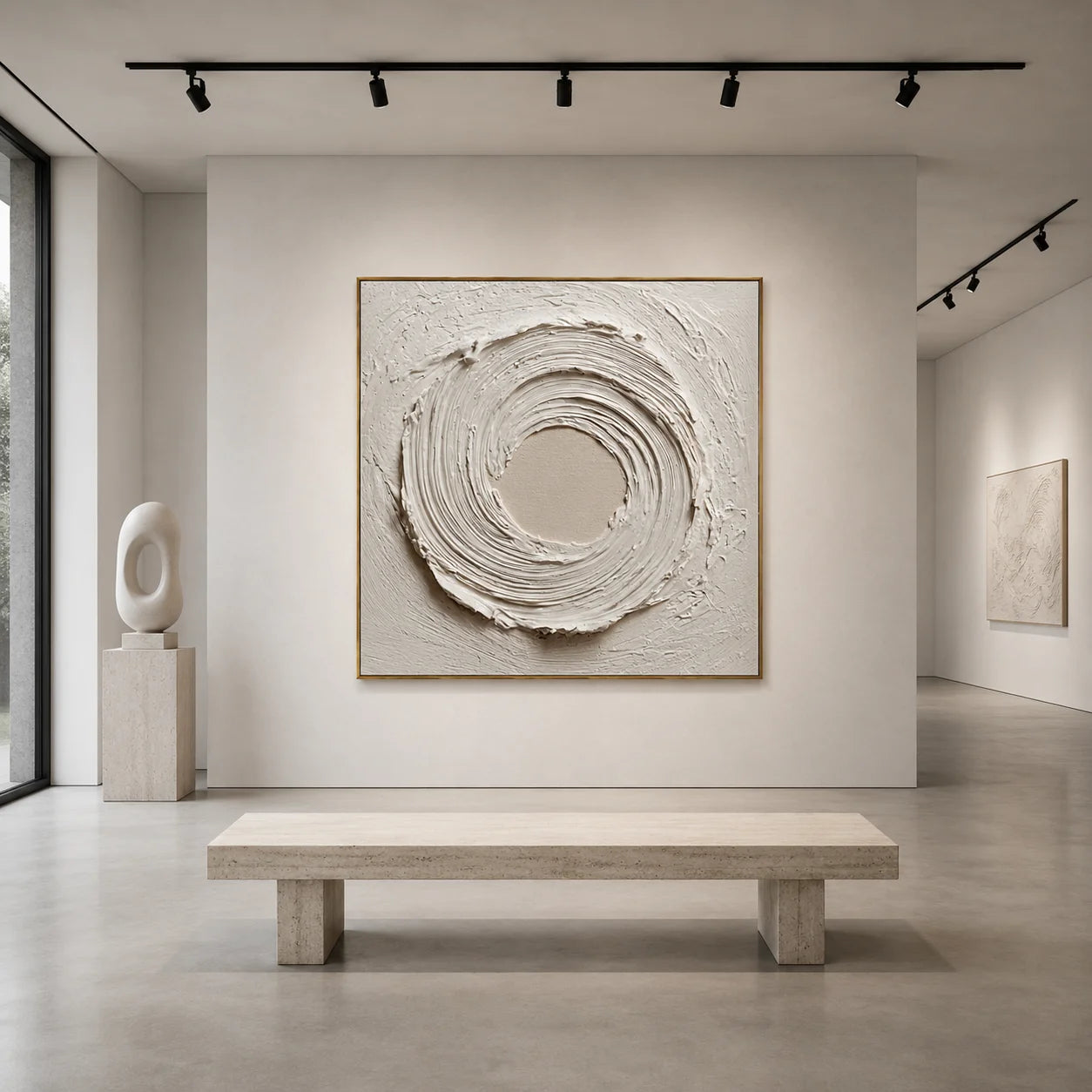 Ownanart Original Hand-Painted White Textured Abstract Oil Painting, Modern Minimalist Circular Swirl Impasto Wall Art with Cream Neutral Relief Texture  # OA 1269