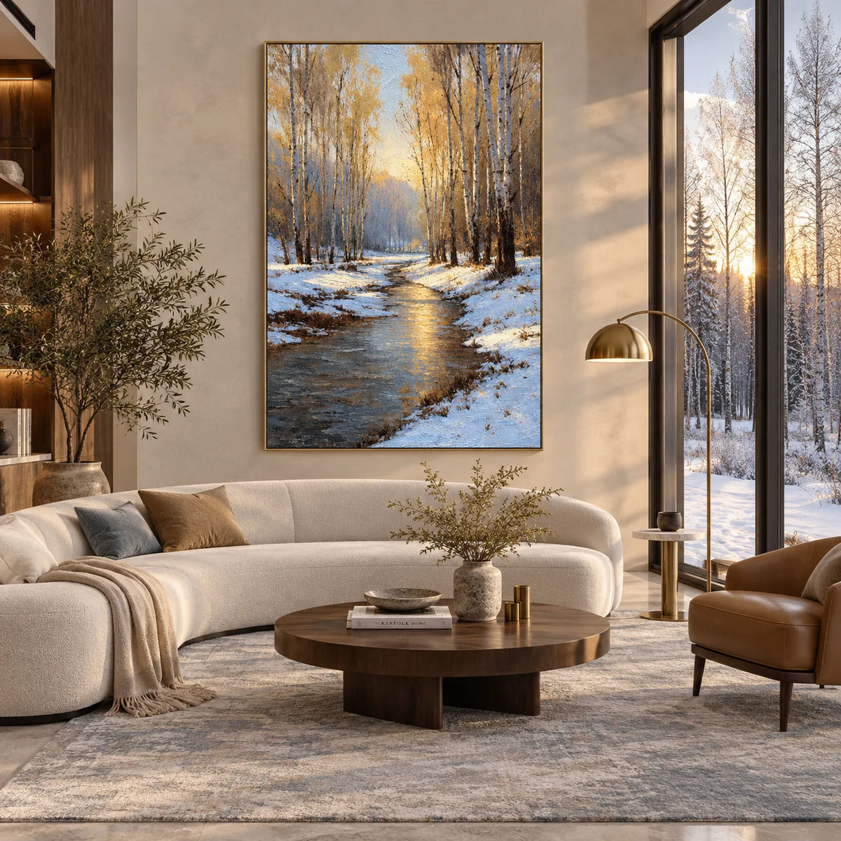Ownanart Original Hand-Painted Winter Birch Forest Oil Painting, Snowy Woodland Stream Landscape Canvas Wall Art for Living Room, Bedroom & Nature-Inspired Home Decor # OA 1384
