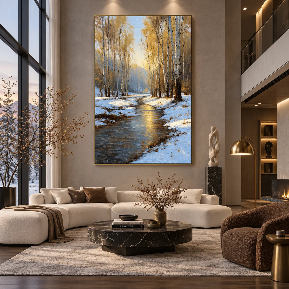 Ownanart Original Hand-Painted Winter Birch Forest Oil Painting, Snowy Woodland Stream Landscape Canvas Wall Art for Living Room, Bedroom & Nature-Inspired Home Decor # OA 1384
