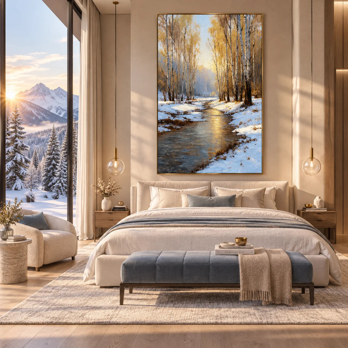 Ownanart Original Hand-Painted Winter Birch Forest Oil Painting, Snowy Woodland Stream Landscape Canvas Wall Art for Living Room, Bedroom & Nature-Inspired Home Decor # OA 1384