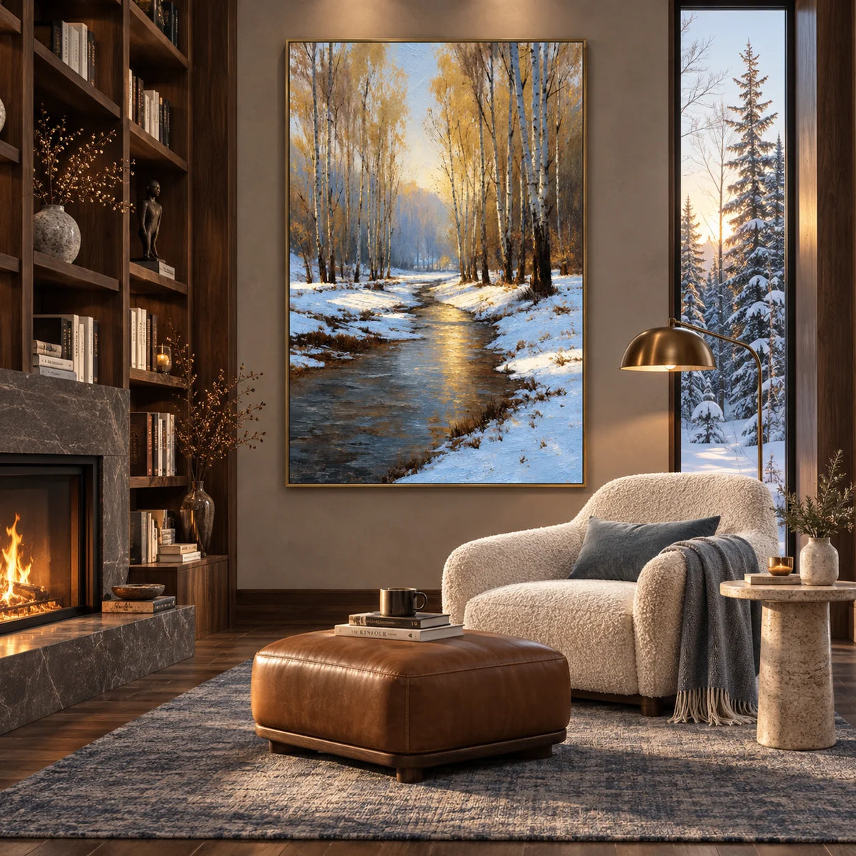 Ownanart Original Hand-Painted Winter Birch Forest Oil Painting, Snowy Woodland Stream Landscape Canvas Wall Art for Living Room, Bedroom & Nature-Inspired Home Decor # OA 1384