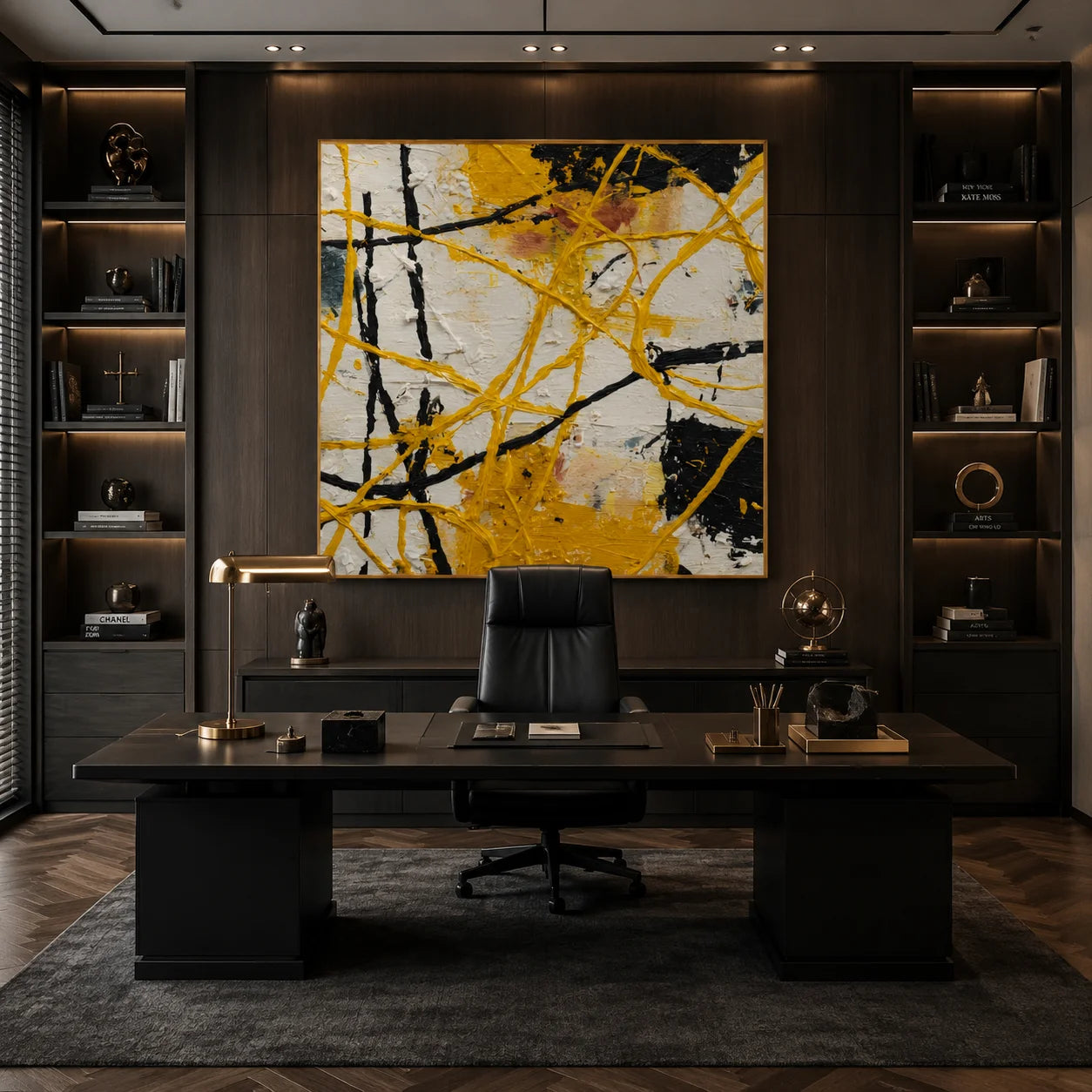 Ownanart Original Hand-Painted Yellow Black and White Abstract Impasto Oil Painting, Dynamic Line and Splatter Textured Wall Art for Living Room, Bedroom and Office Decor  # OA 1280