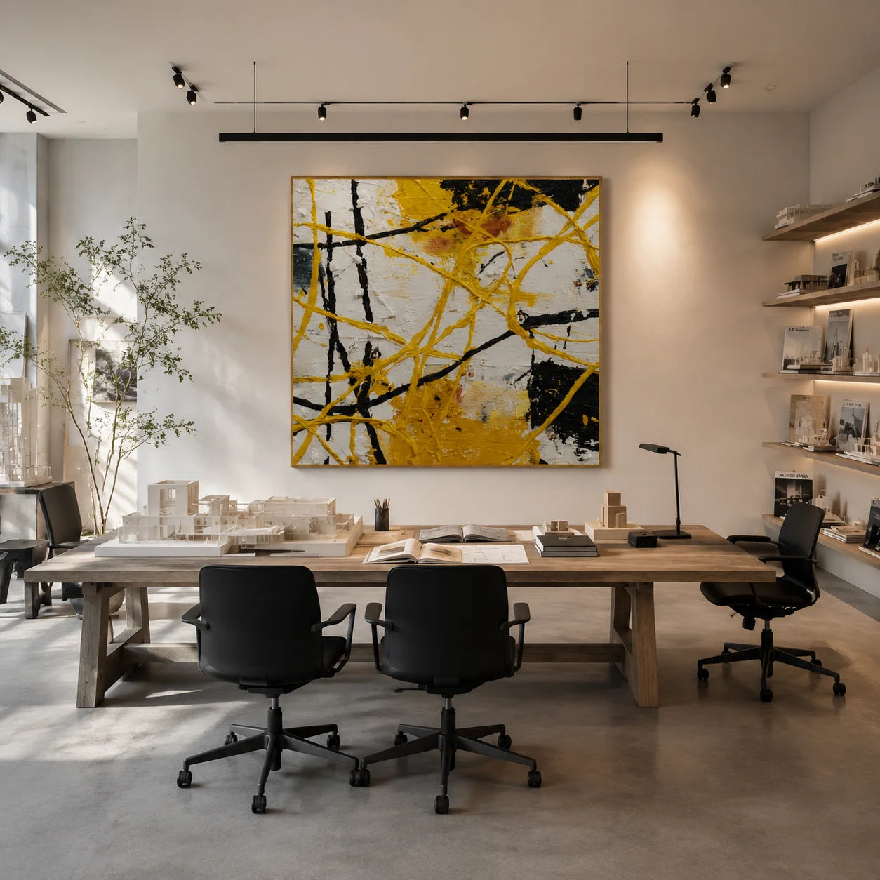 Ownanart Original Hand-Painted Yellow Black and White Abstract Impasto Oil Painting, Dynamic Line and Splatter Textured Wall Art for Living Room, Bedroom and Office Decor  # OA 1280
