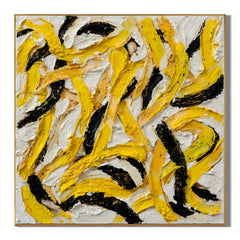 Ownanart Original Hand-Painted Yellow Black and White Abstract Impasto Oil Painting, Modern Minimalist Curved Brushstroke Textured Wall Art for Living Room, Bedroom and Office Decor  # OA 1281